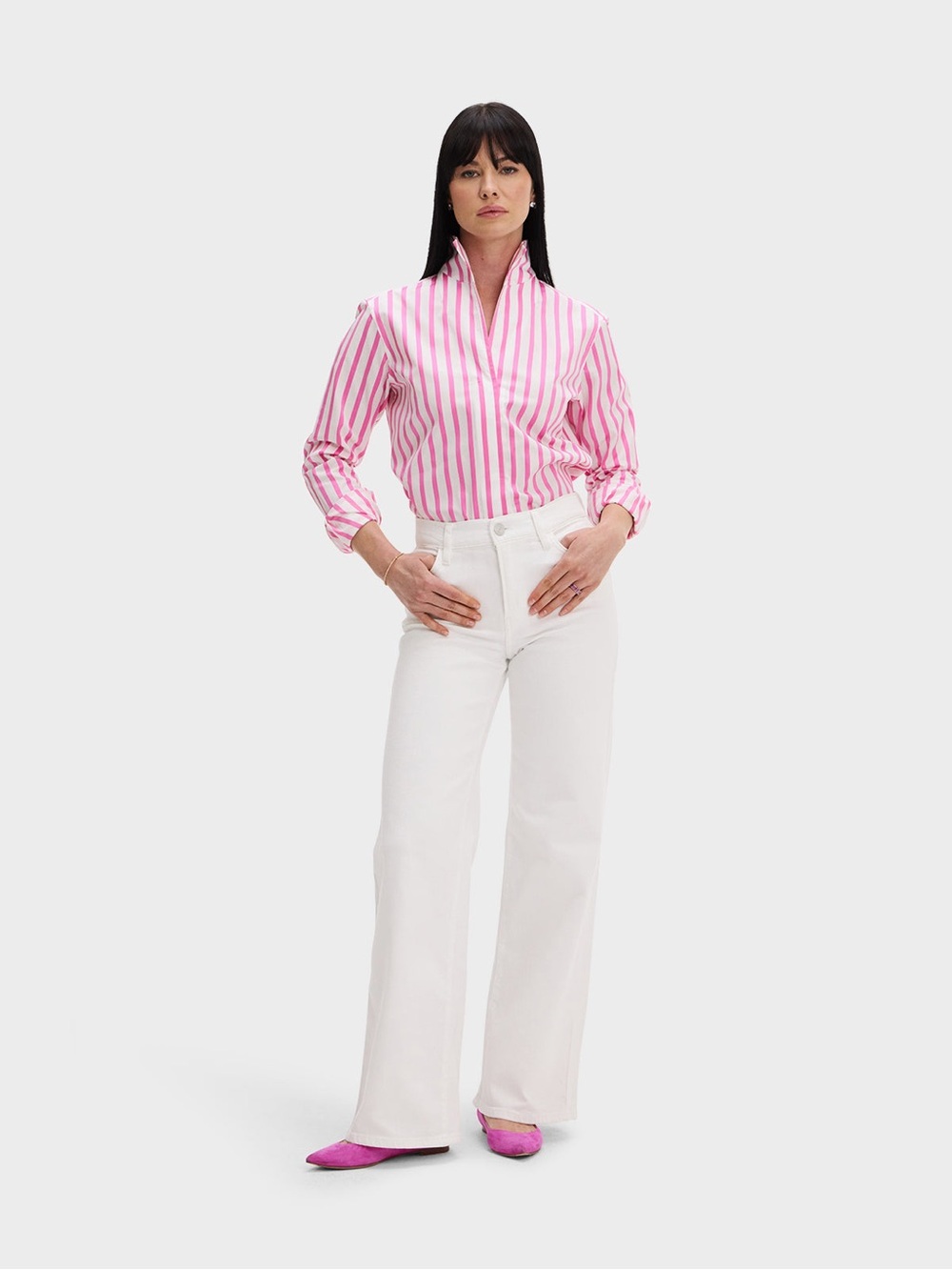 Sarah Alexander Pretty in Pink Stripe V-Neck Buttonless Shirt Top - Picture 3 of 9